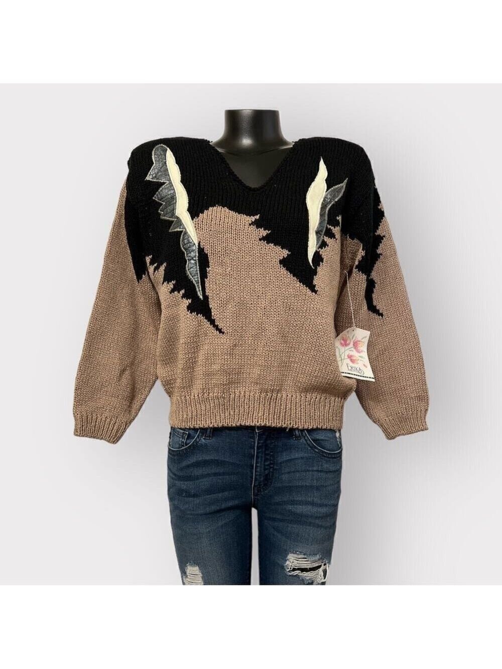 Erika VTG 80s Rockabilly Sweater NEW sz M Abstract Black Knit Preppy Winter Fall